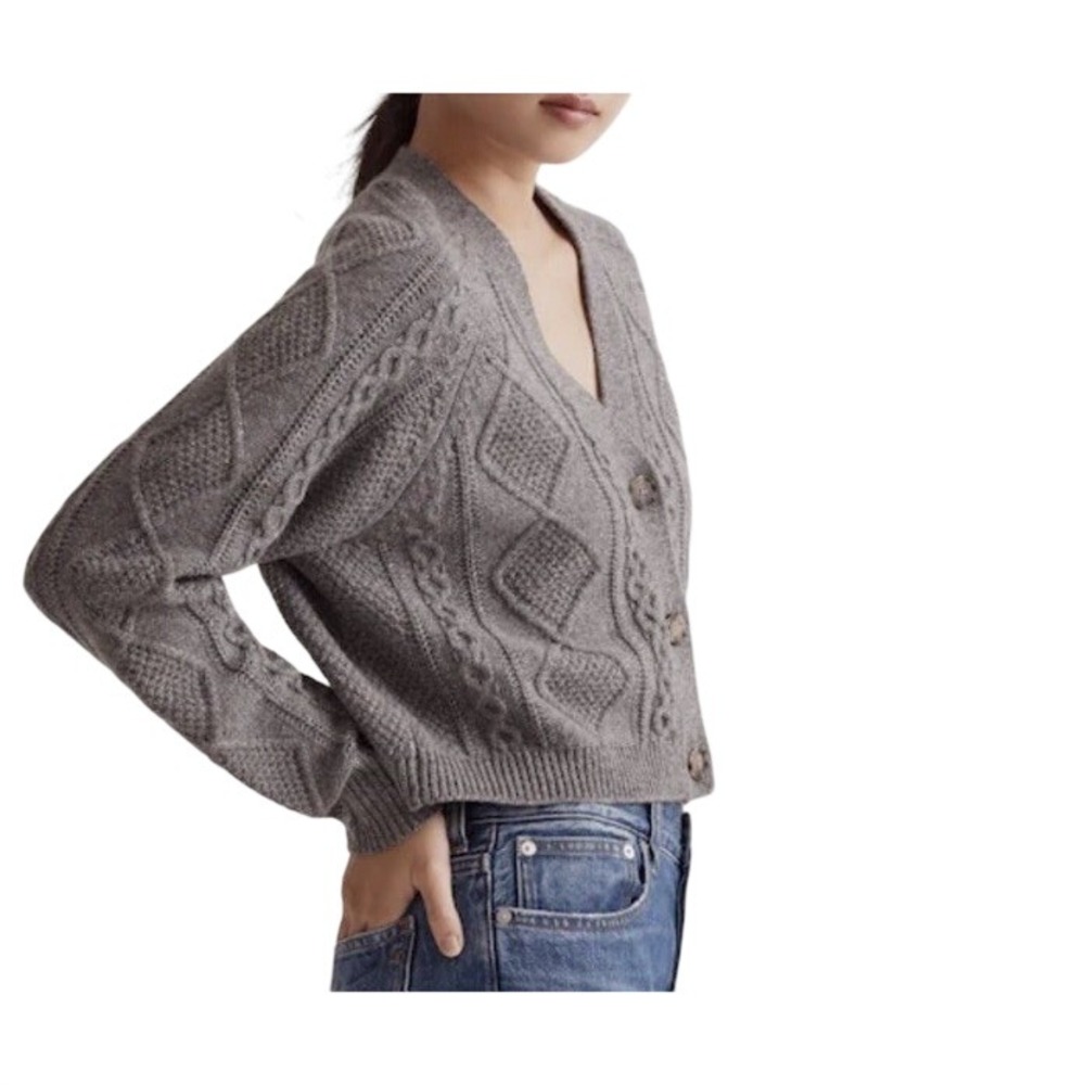 Madewell Women's SMALL Gray Cable Knit Crop Glittery Fisherman Cardigan Academia